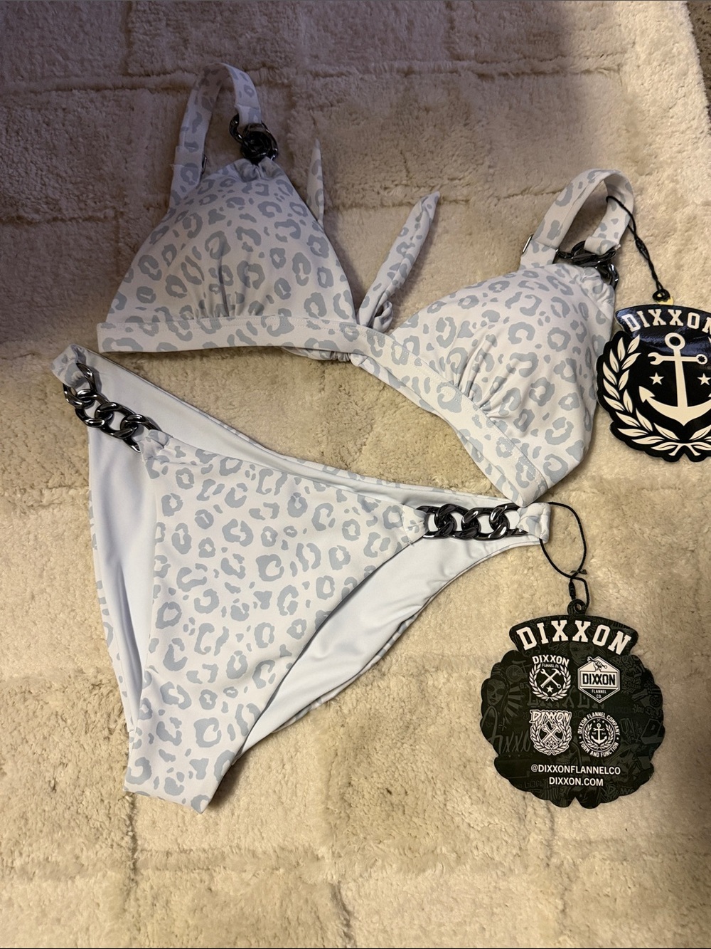 DIXXON White & Light Gray Leopard Chain Accent Bikini
